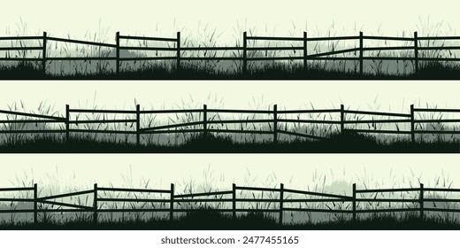 Meadow silhouettes with grass and old wooden fence. Countryside, panoramic summer lawn rural landscape with herbs, weeds. Herbal border, frame element. Green horizontal banners. Vector illustration