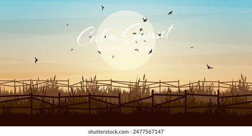 Meadow silhouettes with grass and old wooden fence. Countryside, panoramic summer lawn rural landscape with herbs, weeds. Agriculture and farming. Summer sunset in nature. Vector illustration