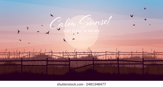 Meadow silhouettes with grass and old wooden fence. Countryside, panoramic summer lawn rural landscape with herbs, weeds. Agriculture and farming. Summer sunset in nature. Vector illustration