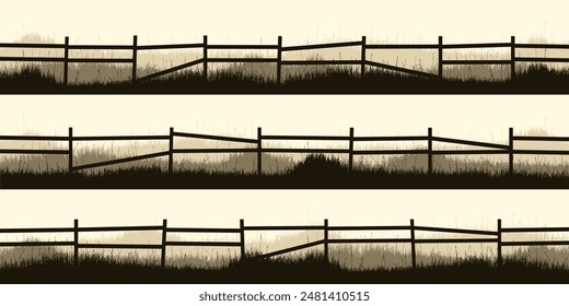 Meadow silhouettes with grass and old wooden fence. Countryside, panoramic summer lawn rural landscape with herbs, weeds. Herbal border, frame element. Brown horizontal banners. Vector illustration