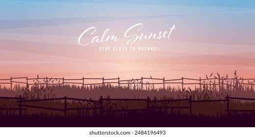 Meadow silhouettes with grass and old wooden fence. Countryside, panoramic summer lawn rural landscape with herbs, weeds. Agriculture and farming. Summer sunset in nature. Vector illustration