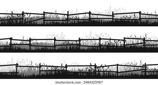 Meadow silhouettes with grass and old wooden fence. Countryside, panoramic summer lawn rural landscape with herbs, weeds. Herbal border, frame element. Black horizontal banners. Vector illustration