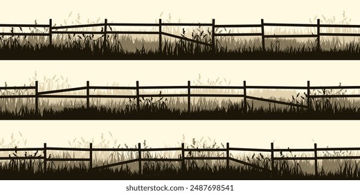 Meadow silhouettes with grass and old wooden fence. Countryside, panoramic summer lawn rural landscape with herbs, weeds. Herbal border, frame element. Brown horizontal banners. Vector illustration