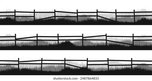 Meadow silhouettes with grass and old wooden fence. Countryside, panoramic summer lawn rural landscape with herbs, weeds. Herbal border, frame element. Brown horizontal banners. Vector illustration.
