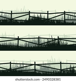Meadow silhouettes with grass and old wooden fence. Countryside, panoramic summer lawn rural landscape with herbs, weeds. Herbal border, frame element. Green horizontal banners. Vector illustration