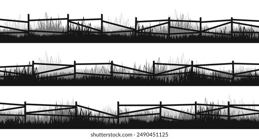 Meadow silhouettes with grass and old wooden fence. Countryside, panoramic summer lawn rural landscape with herbs, weeds. Herbal border, frame element. Black horizontal banners. Vector illustration