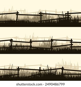 Meadow silhouettes with grass and old wooden fence. Countryside, panoramic summer lawn rural landscape with herbs, weeds. Herbal border, frame element. Brown horizontal banners. Vector illustration