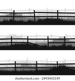 Meadow silhouettes with grass and old wooden fence. Countryside, panoramic summer lawn rural landscape with herbs, weeds. Herbal border, frame element. Black horizontal banners. Vector illustration