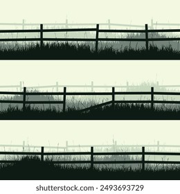 Meadow silhouettes with grass and old wooden fence. Countryside, panoramic summer lawn rural landscape with herbs, weeds. Herbal border, frame element. Green horizontal banners. Vector illustration