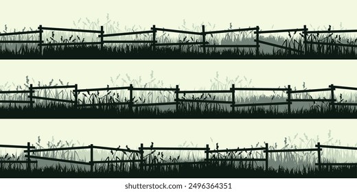 Siluetas de prado con césped y antigua valla de madera. Campo, paisaje rural de césped de verano panorámico con hierbas, malas hierbas. Borde de hierbas, elemento de marco. Anuncios Horizontales verdes. Ilustración vectorial