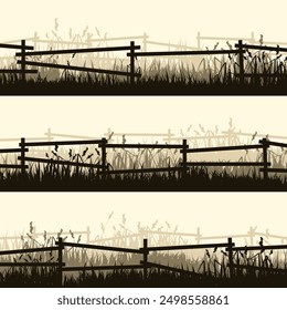 Siluetas de prado con césped y antigua valla de madera. Campo, paisaje rural de césped de verano panorámico con hierbas, malas hierbas. Borde de hierbas, elemento de marco. Anuncios Horizontales marrones. Ilustración vectorial