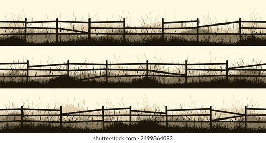 Siluetas de prado con césped y antigua valla de madera. Campo, paisaje rural de césped de verano panorámico con hierbas, malas hierbas. Borde de hierbas, elemento de marco. Anuncios Horizontales marrones. Ilustración vectorial