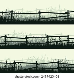 Siluetas de prado con césped y antigua valla de madera. Campo, paisaje rural de césped de verano panorámico con hierbas, malas hierbas. Borde de hierbas, elemento de marco. Anuncios Horizontales verdes. Ilustración vectorial