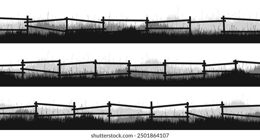 Siluetas de prado con césped y antigua valla de madera. Campo, paisaje rural de césped de verano panorámico con hierbas, malas hierbas. Borde de hierbas, elemento de marco. Anuncios Horizontales negros. Ilustración vectorial