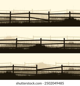 Siluetas de prado con césped y antigua valla de madera. Campo, paisaje rural de césped de verano panorámico con hierbas, malas hierbas. Borde de hierbas, elemento de marco. Anuncios Horizontales marrones. Ilustración vectorial