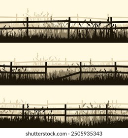 Siluetas de prado con césped y antigua valla de madera. Campo, paisaje rural de césped de verano panorámico con hierbas, malas hierbas. Borde de hierbas, elemento de marco. Anuncios Horizontales marrones. Ilustración vectorial