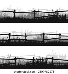 Siluetas de prado con césped y antigua valla de madera. Campo, paisaje rural de césped de verano panorámico con hierbas, malas hierbas. Borde de hierbas, elemento de marco. Anuncios Horizontales negros. Ilustración vectorial