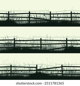 Siluetas de prado con césped y antigua valla de madera. Campo, paisaje rural de césped de verano panorámico con hierbas, malas hierbas. Borde de hierbas, elemento de marco. Anuncios Horizontales verdes. Ilustración vectorial