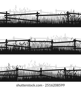 Siluetas de prado con césped y antigua valla de madera. Campo, paisaje rural de césped de verano panorámico con hierbas, malas hierbas. Borde de hierbas, elemento de marco. Anuncios Horizontales negros. Ilustración vectorial