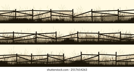 Siluetas de prado con césped y antigua valla de madera. Campo, paisaje rural de césped de verano panorámico con hierbas, malas hierbas. Borde de hierbas, elemento de marco. Anuncios Horizontales marrones. Ilustración vectorial