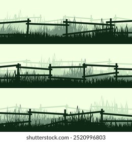 Siluetas de prado con césped y antigua valla de madera. Campo, paisaje rural de césped de verano panorámico con hierbas, malas hierbas. Borde de hierbas, elemento de marco. Anuncios Horizontales verdes. Ilustración vectorial.