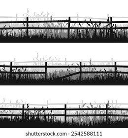 Siluetas de prado con césped y antigua valla de madera. Campo, paisaje rural de césped de verano panorámico con hierbas, malas hierbas. Borde de hierbas, elemento de marco. Anuncios Horizontales negros. Ilustración vectorial