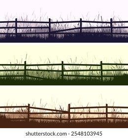 Siluetas de prado con césped y antigua valla de madera. Campo, paisaje rural de césped de verano panorámico con hierbas, malas hierbas. Borde de hierbas, elemento de marco. Anuncios Horizontales marrones. Ilustración vectorial