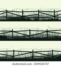 Siluetas de prado con césped y antigua valla de madera. Campo, paisaje rural de césped de verano panorámico con hierbas, malas hierbas. Borde de hierbas, elemento de marco. Anuncios Horizontales verdes. Ilustración vectorial