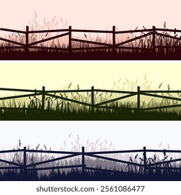 Meadow silhouettes with grass and old wooden fence. Countryside, panoramic summer lawn rural landscape with herbs, weeds. Herbal border, frame element. Brown horizontal banners. Vector illustration