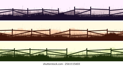 Meadow silhouettes with grass and old wooden fence. Countryside, panoramic summer lawn rural landscape with herbs, weeds. Herbal border, frame element. Brown horizontal banners. Vector illustration