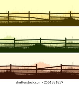 Meadow silhouettes with grass and old wooden fence. Countryside, panoramic summer lawn rural landscape with herbs, weeds. Herbal border, frame element. Brown horizontal banners. Vector illustration