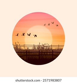 Meadow silhouettes with grass and old wooden fence. Countryside, round panoramic summer lawn rural landscape with herbs, weeds. Agriculture and farming. Summer sunset in nature. Vector illustration