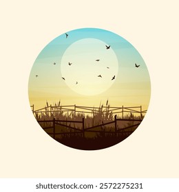 Meadow silhouettes with grass and old wooden fence. Countryside, round panoramic summer lawn rural landscape with herbs, weeds. Agriculture and farming. Summer sunset in nature. Vector illustration