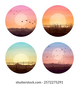 Meadow silhouettes with grass and old wooden fence. Countryside, round panoramic summer lawn rural landscape with herbs, weeds. Agriculture and farming. Summer sunset in nature. Vector illustration