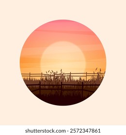 Meadow silhouettes with grass and old wooden fence. Countryside, round panoramic summer lawn rural landscape with herbs, weeds. Agriculture and farming. Summer sunset in nature. Vector illustration