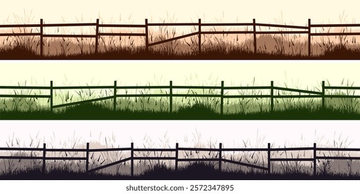 Meadow silhouettes with grass and old wooden fence. Countryside, panoramic summer lawn rural landscape with herbs, weeds. Herbal border, frame element. Brown horizontal banners. Vector illustration