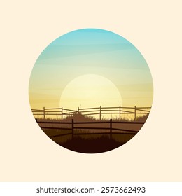 Meadow silhouettes with grass and old wooden fence. Countryside, round panoramic summer lawn rural landscape with herbs, weeds. Agriculture and farming. Summer sunset in nature. Vector illustration