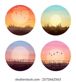 Meadow silhouettes with grass and old wooden fence. Countryside, round panoramic summer lawn rural landscape with herbs, weeds. Agriculture and farming. Summer sunset in nature. Vector illustration