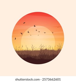 Meadow silhouettes with grass and old wooden fence. Countryside, round panoramic summer lawn rural landscape with herbs, weeds. Agriculture and farming. Summer sunset in nature. Vector illustration