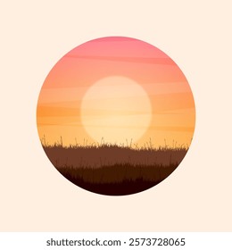 Meadow silhouettes with grass and old wooden fence. Countryside, round panoramic summer lawn rural landscape with herbs, weeds. Agriculture and farming. Summer sunset in nature. Vector illustration