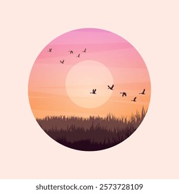 Meadow silhouettes with grass and old wooden fence. Countryside, round panoramic summer lawn rural landscape with herbs, weeds. Agriculture and farming. Summer sunset in nature. Vector illustration