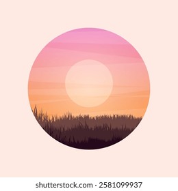 Meadow silhouettes with grass and old wooden fence. Countryside, round panoramic summer lawn rural landscape with herbs, weeds. Agriculture and farming. Summer sunset in nature. Vector illustration