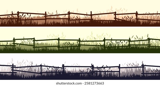 Meadow silhouettes with grass and old wooden fence. Countryside, panoramic summer lawn rural landscape with herbs, weeds. Herbal border, frame element. Brown horizontal banners. Vector illustration