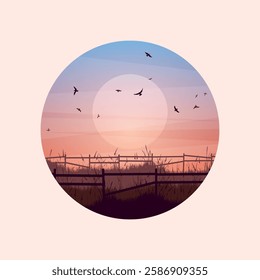 Meadow silhouettes with grass and old wooden fence. Countryside, round panoramic summer lawn rural landscape with herbs, weeds. Agriculture and farming. Summer sunset in nature. Vector illustration