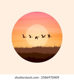 Meadow silhouettes with grass and old wooden fence. Countryside, round panoramic summer lawn rural landscape with herbs, weeds. Agriculture and farming. Summer sunset in nature. Vector illustration