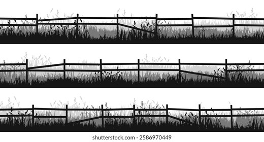 Meadow silhouettes with grass and old wooden fence. Countryside, panoramic summer lawn rural landscape with herbs, weeds. Herbal border, frame element. Black horizontal banners. Vector illustration