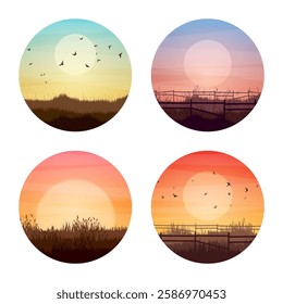 Meadow silhouettes with grass and old wooden fence. Countryside, round panoramic summer lawn rural landscape with herbs, weeds. Agriculture and farming. Summer sunset in nature. Vector illustration