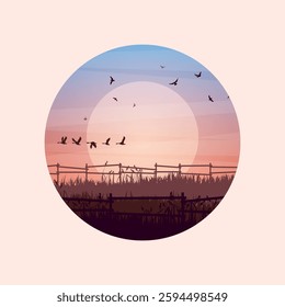 Meadow silhouettes with grass and old wooden fence. Countryside, round panoramic summer lawn rural landscape with herbs, weeds. Agriculture and farming. Summer sunset in nature. Vector illustration