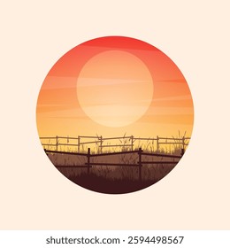 Meadow silhouettes with grass and old wooden fence. Countryside, round panoramic summer lawn rural landscape with herbs, weeds. Agriculture and farming. Summer sunset in nature. Vector illustration