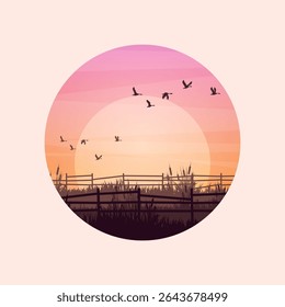 Meadow silhouettes with grass and old wooden fence. Countryside, round panoramic summer lawn rural landscape with herbs, weeds. Agriculture and farming. Summer sunset in nature. Vector illustration